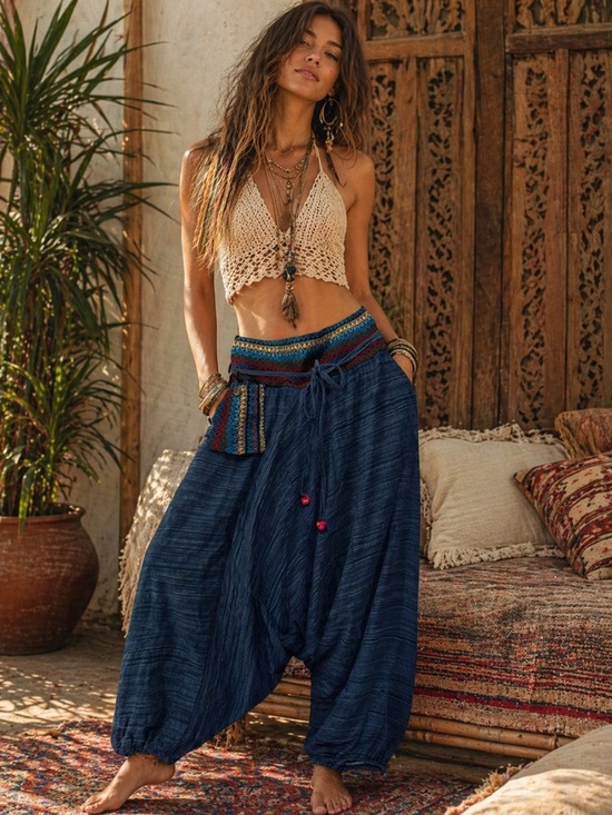 Pants - Boho Wide-Leg Harem Pants in Navy embroidered waist and pocket cotton hippie